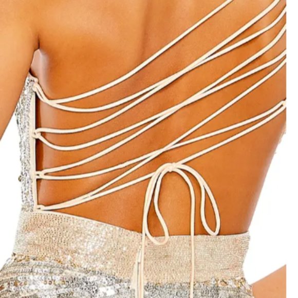 MAC DUGGAL ONE SHOULDER SEQUIN BEADED LACE UP BACK NUDE/SILVER GOWN sz 10 - Picture 3 of 4